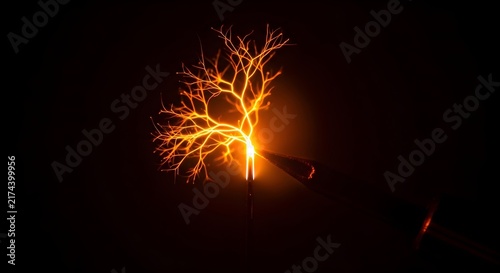 Striking Electric Spark Discharge Against Dark Night Sky with Glowing Branches
