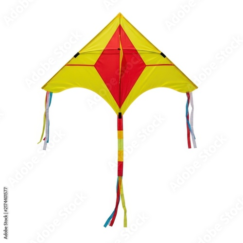 Bright diamond-shaped kite flying in sky isolated on white background