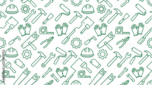 Green construction tools outline seamless pattern vector background with builder hardware, equipment, and work gear