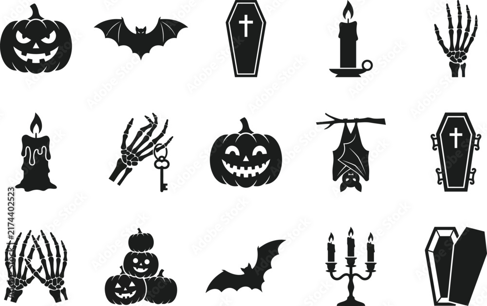 Fototapeta premium Assorted spooky halloween icons featuring coffins skeletons pumpkins bats and candles for seasonal holiday graphic design projects