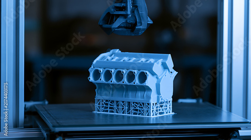 Obraz na płótnie Advanced industrial 3D printer fabricate plastic engine block component prototype inside modern high tech manufacturing laboratory environment
