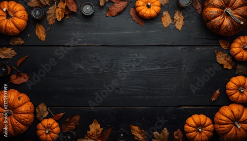 Halloween flat lay background with pumpkins and autumn leaves on dark charred wood table