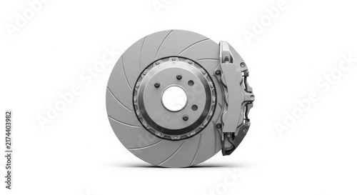 Ventilated high performance car brake disc rotor featuring metallic silver finish with powerful hydraulic caliper isolated on white studio background