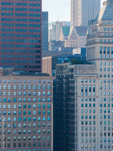 Aerial shot of Skyscrapers and office buildings in the skyline in Chicago Illinois USA