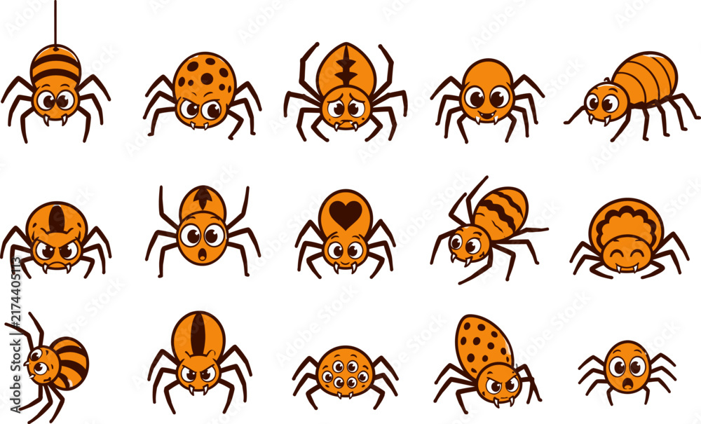 Fototapeta premium Collection of cartoon spider illustrations with various expressions and body styles on transparent background