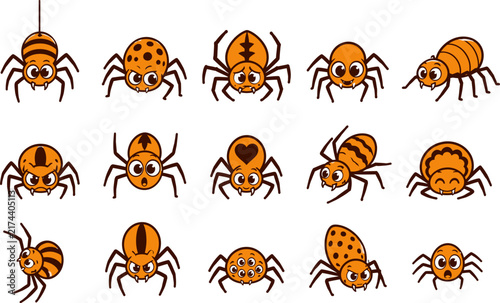 Collection of cartoon spider illustrations with various expressions and body styles on transparent background