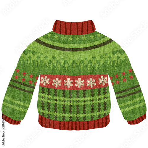 ugly christmas sweater vector illustration featuring cozy green knitted jumper with red collar stars and white snowflake pattern isolated on white background festive winter holiday apparel icon ideal 