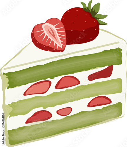 Matcha strawberry layer cake slice vector illustration with fresh berries and whipped cream isolated on white background