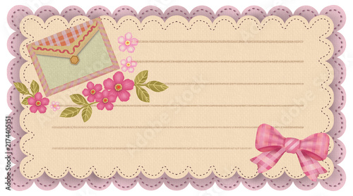 vintage scalloped frame label vector with letter envelope pink flowers and ribbon bow on lined paper background cute note card template copy space isolated on white background ideal for scrapbooking g