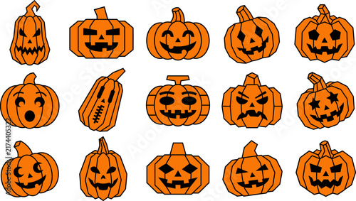 Collection of Halloween carved pumpkins with various spooky and funny faces for decoration and design use