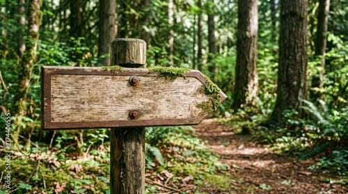 Wooden signpost pointing right in a lush forest