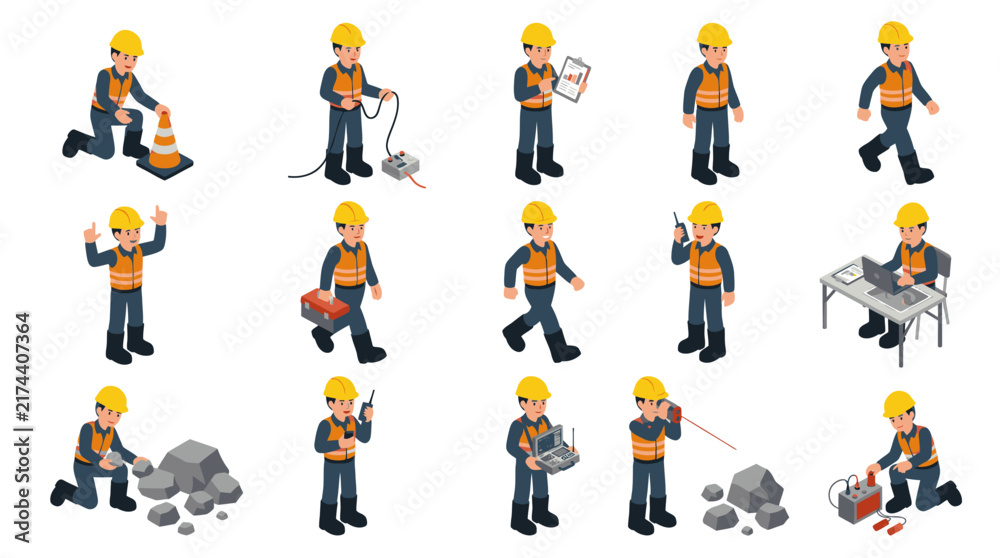 Naklejka premium Construction Worker Characters in Various Poses and Actions.