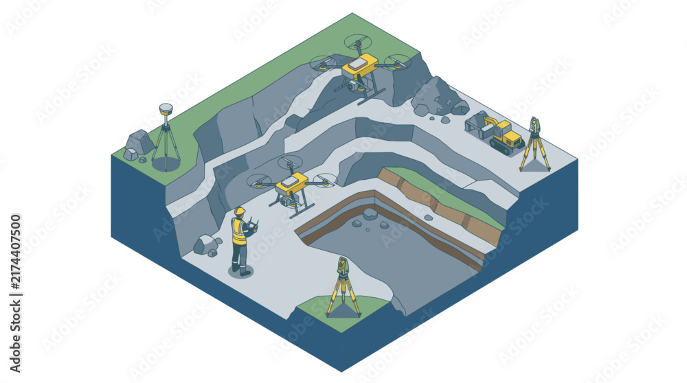 Fototapeta premium Isometric illustration of a quarry with workers and machinery.
