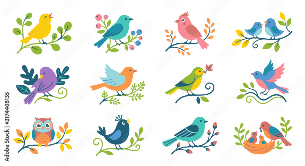 Obraz premium Collection of colorful cartoon birds perched on branches with leaves and flowers.