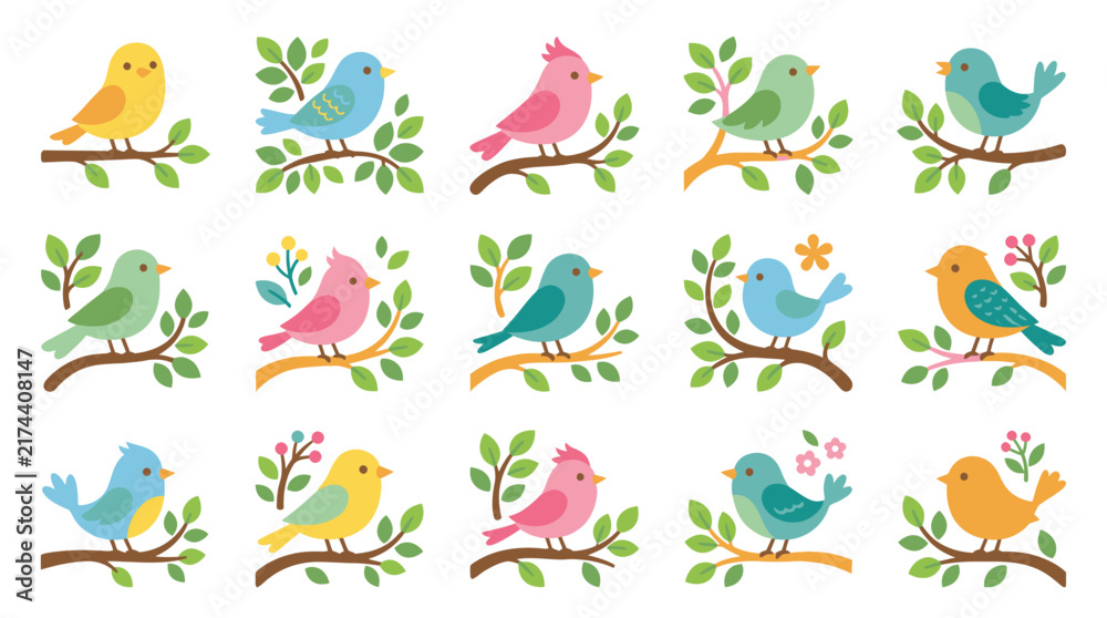 Fototapeta premium Collection of colorful cartoon birds perched on tree branches.