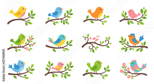 Collection of colorful cartoon birds perched on tree branches, showcasing various poses and vibrant plumage.