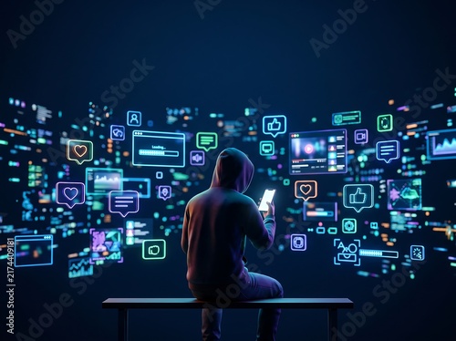 Person in a hoodie sits on a bench while looking at a smartphone surrounded by glowing digital social media interface elements.