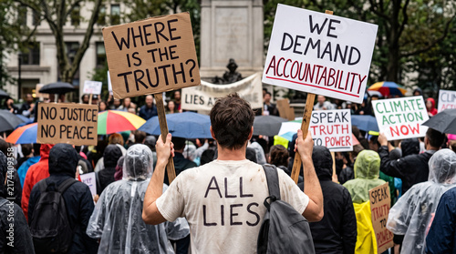 Group of people protesting with signs demanding truth and accountability in a crowded city street