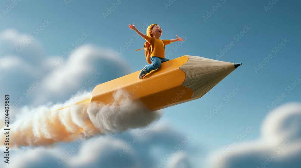 Fototapeta premium Child rides a giant pencil through the sky with clouds around during a bright day