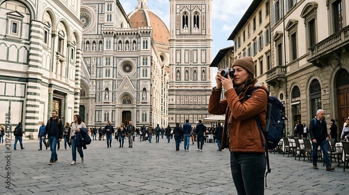 Tourist taking photo in historic european square