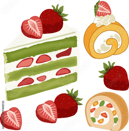Set of delicious matcha strawberry layer cake slices, strawberry swiss rolls, and fresh strawberries, isolated on a white background. Hand-drawn flat style