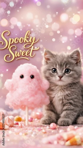 Cute gray kitten interacting with pink cotton candy ghost prop against a glittery bokeh backdrop, playful kitty blinks and turns its head in a sweet scene.