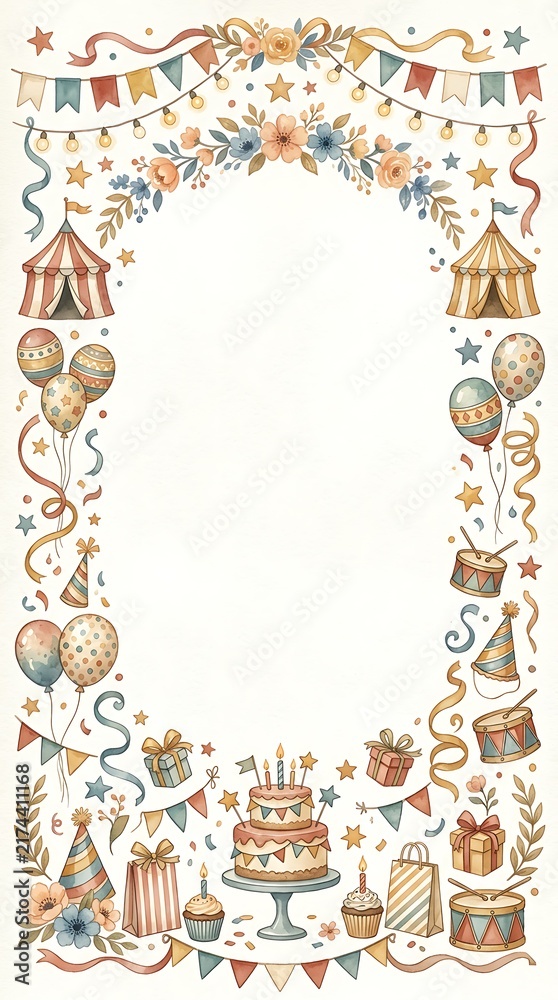Fototapeta premium frame of nostalgic vintage watercolor birthday illustration