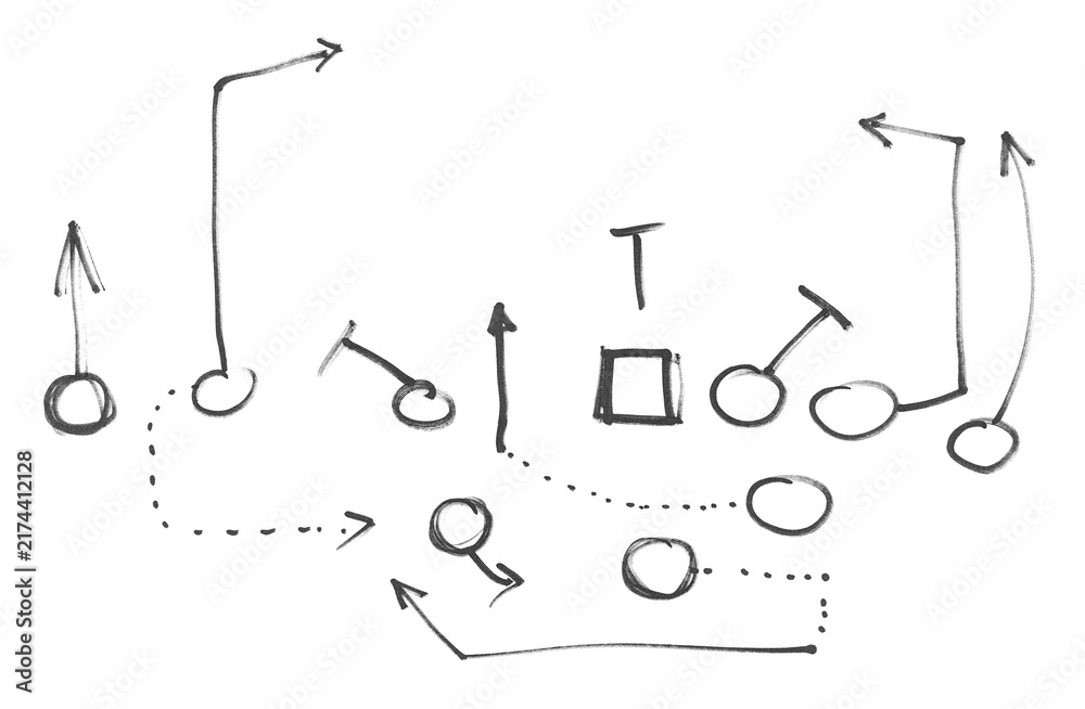 Naklejka premium Hand draw strategy game, American football tactics, sketched gruge black marker, isolated on white backgroud, clipping path, design elements, transparency 