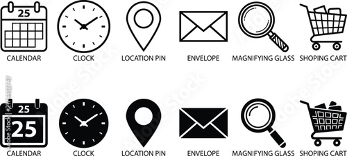 Time, date, address, email, location, search, shopping cart icon vector illustration
