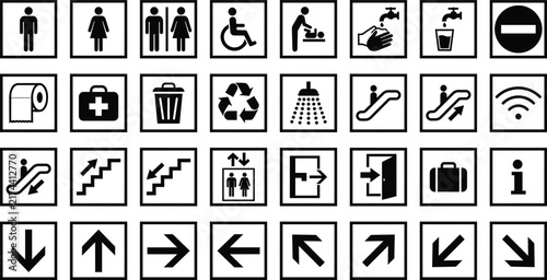 Vector illustration of public facility icons including restrooms accessibility baby changing and hygiene symbols
