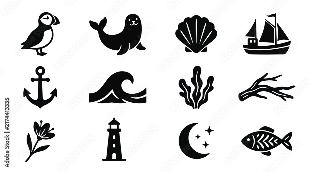 Fototapeta premium Collection of Nautical and Nature Themed Icons.