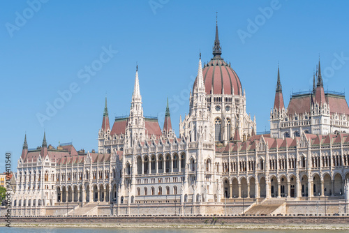 The neo-Gothic building of the Hungarian Parliament on the banks of the Danube in Budapest