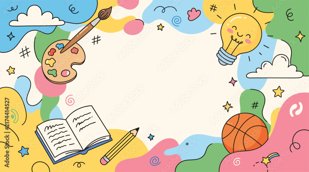 Fototapeta premium Colorful hand-drawn background with school supplies and creative elements