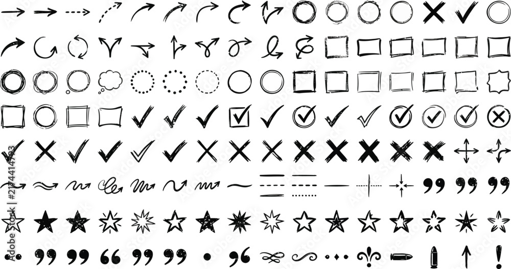 Fototapeta premium Large set of hand drawn graphic design elements arrows checkmarks crosses stars