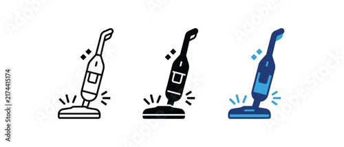 Vacuum cleaner upright sweeper icon, cordless stick hoover sanitation symbol, floor appliance cleaning service sign, electric mop housekeeping graphic. Vector illustration