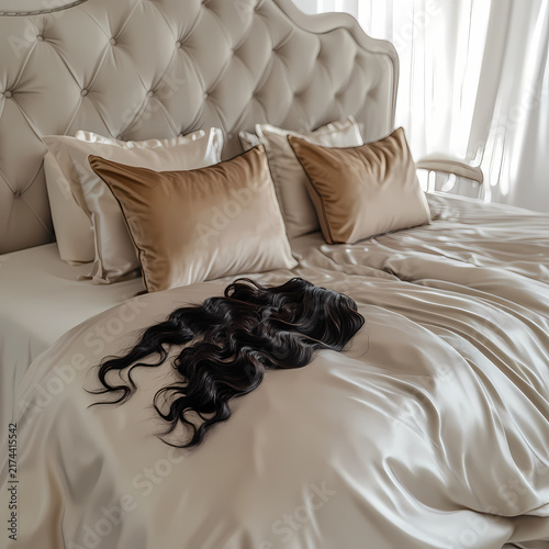 Luxurious Silk Bedding with Wavy Hair on Cream Satin Sheets