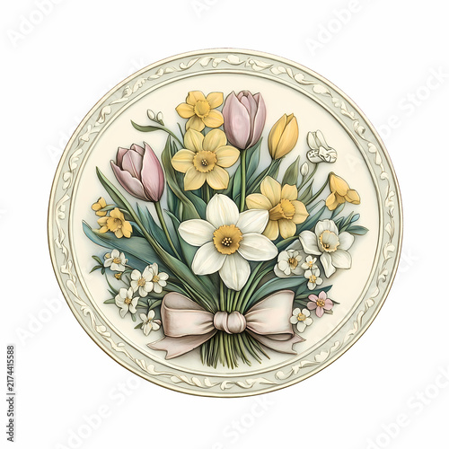 Elegant Floral Bouquet with Ribbon and Ornate Border