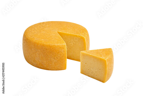 Round cheese wheel with a cut wedge. Isolated on transparent background. Showing smooth texture and small holes. Food packaging, dairy promotions, menus, and culinary design projects.