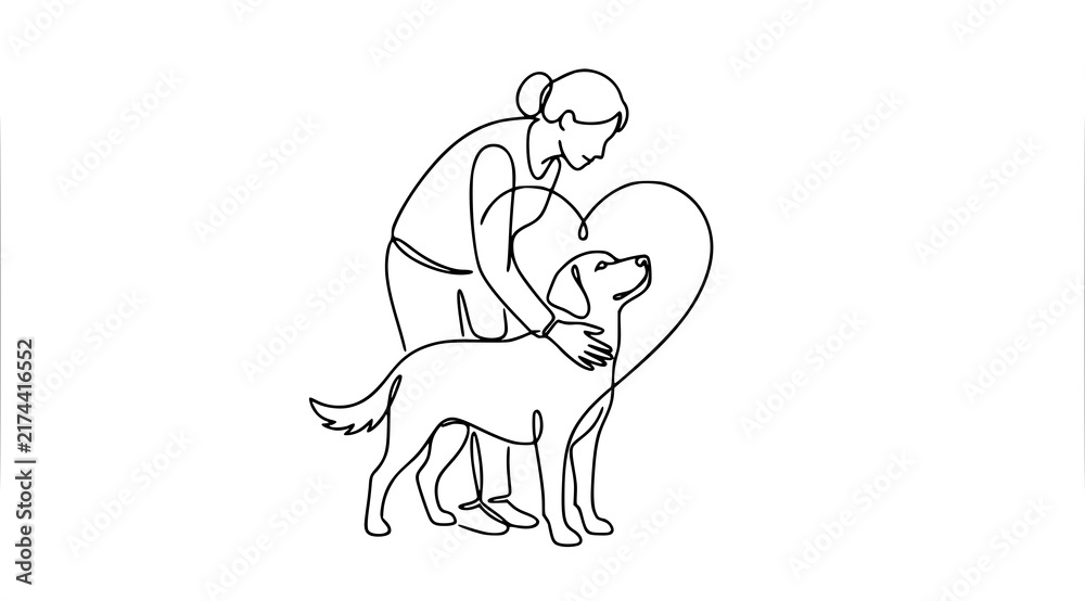 Obraz premium Woman Protecting and Hugging Dog Pet Welfare One Line Vector Illustration