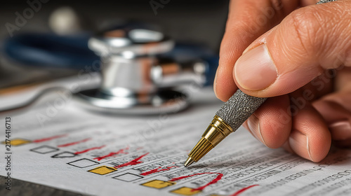 A physician s hand marks responses on a medical questionnaire with a gold toned pen alongside a stethoscope assessment clinical