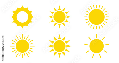 Sun icon set. Solar icons isolated on white background. Sunrise, sunset or sun shine sign collection. Vector illustration.