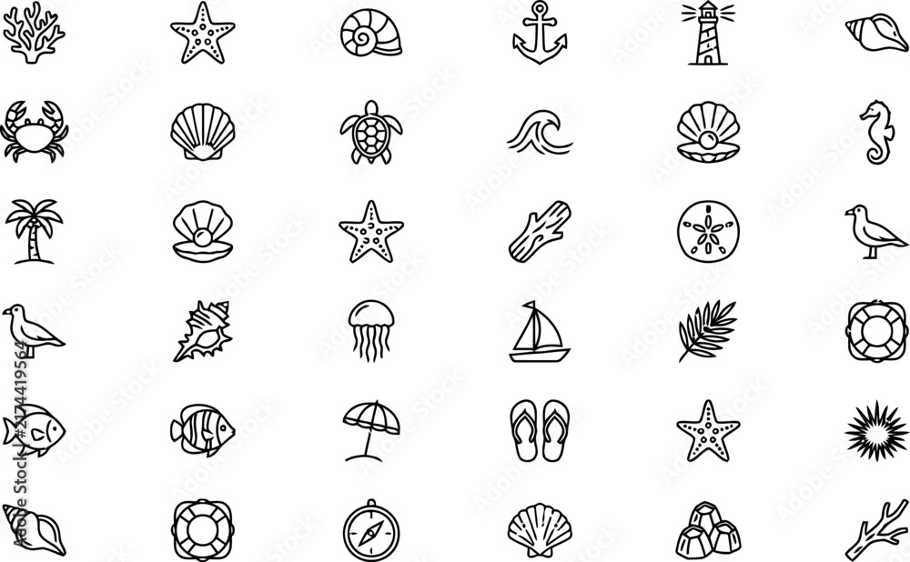Fototapeta premium Collection of marine life and nautical elements in a line art style
