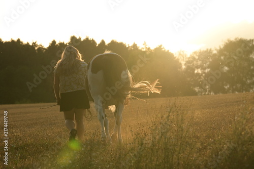 Rückenansicht einer langhaarigen Frau die mit einem gescheckten Pferd bei Sonnenuntergang über ein Feld spazieren geht