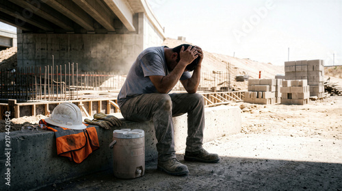 Quadro su tela Exhausted Construction Worker Overwhelmed by Intense Heat Wave Summer Weather Gl