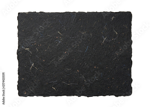 Black Handmade Recycled Paper Sheet with Natural Fiber Texture and Deckled Edges on Transparent Background