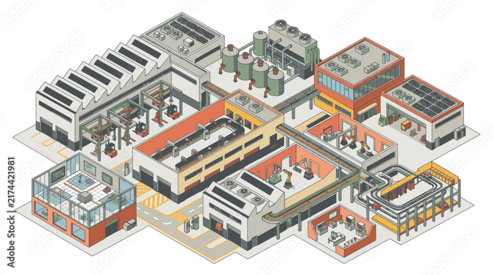 Fototapeta premium Isometric illustration of modern industrial complex buildings.