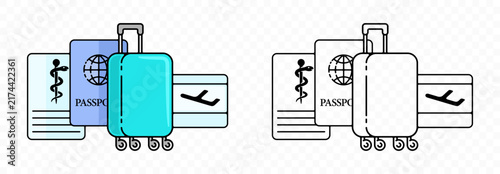 A clean, stylized vector icon set of travel equipment. Features a rolling suitcase, international passport, airline ticket, and a medical insurance form for safe trip planning.