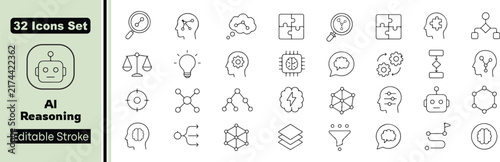 32 AI Reasoning Vector Outline Icons Set – Artificial Intelligence, Decision Making, Neural Network, Machine Learning and Smart Technology Line Symbols Collection