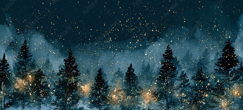 Obraz premium Watercolor winter woodland in midnight blue, warm lights glowing amid pine branches, snowflakes as white ink dots, dark upper sky for gold lettering