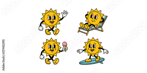 Fotografie Summer sun mascot characters set enjoying ice cream lounging in beach chair and surfing for vacation travel design